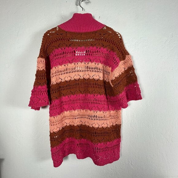 Zara Womens Crochet Knit Striped Sweater S-M Short Sleeve Pink Pullover New - Picture 2 of 7